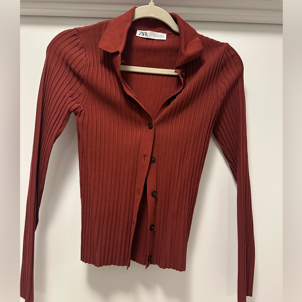 Zara Women's Rust Ribbed Button Down Shirt NWOT